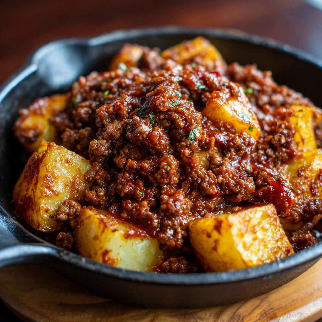 Close-up of a cast iron skillet filled with ground beef sloppy joe mixture and crispy potato chunks.