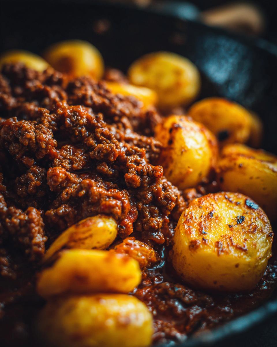 Close-up of a hearty serving of ground beef sloppy joe mixture over crispy roasted potatoes in a bowl.