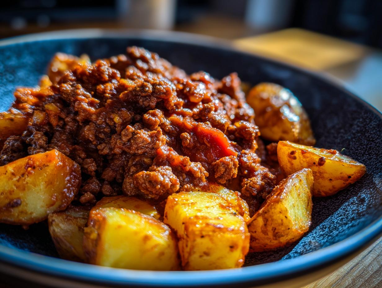 A close-up of a bowl filled with ground beef sloppy joe mixture and crispy potato wedges.