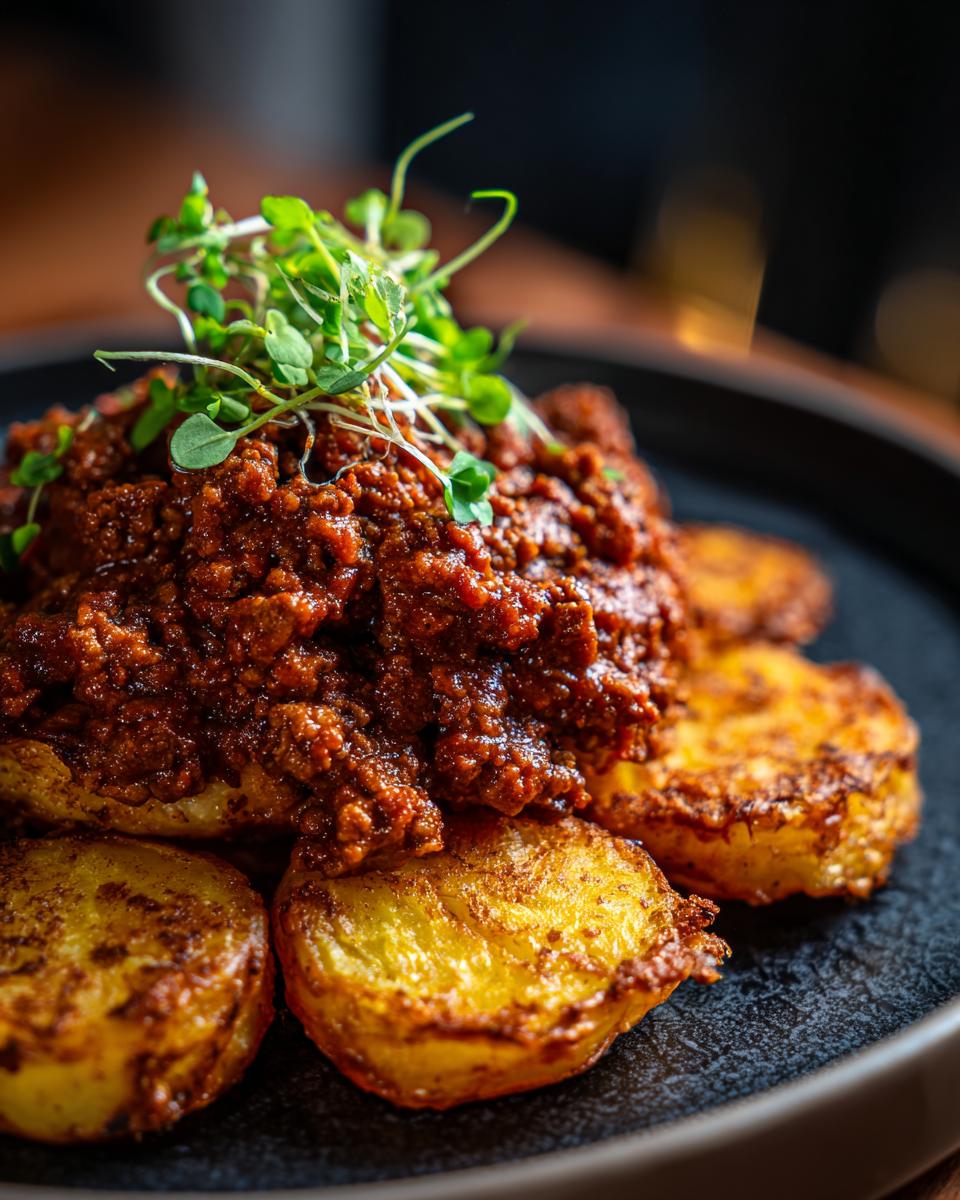 A close-up of crispy potato rounds topped with savory ground beef sloppy joe mixture and microgreens.