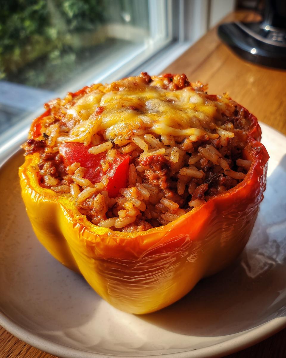 A close-up of a yellow stuffed bell pepper filled with seasoned ground beef and rice, topped with melted cheese.