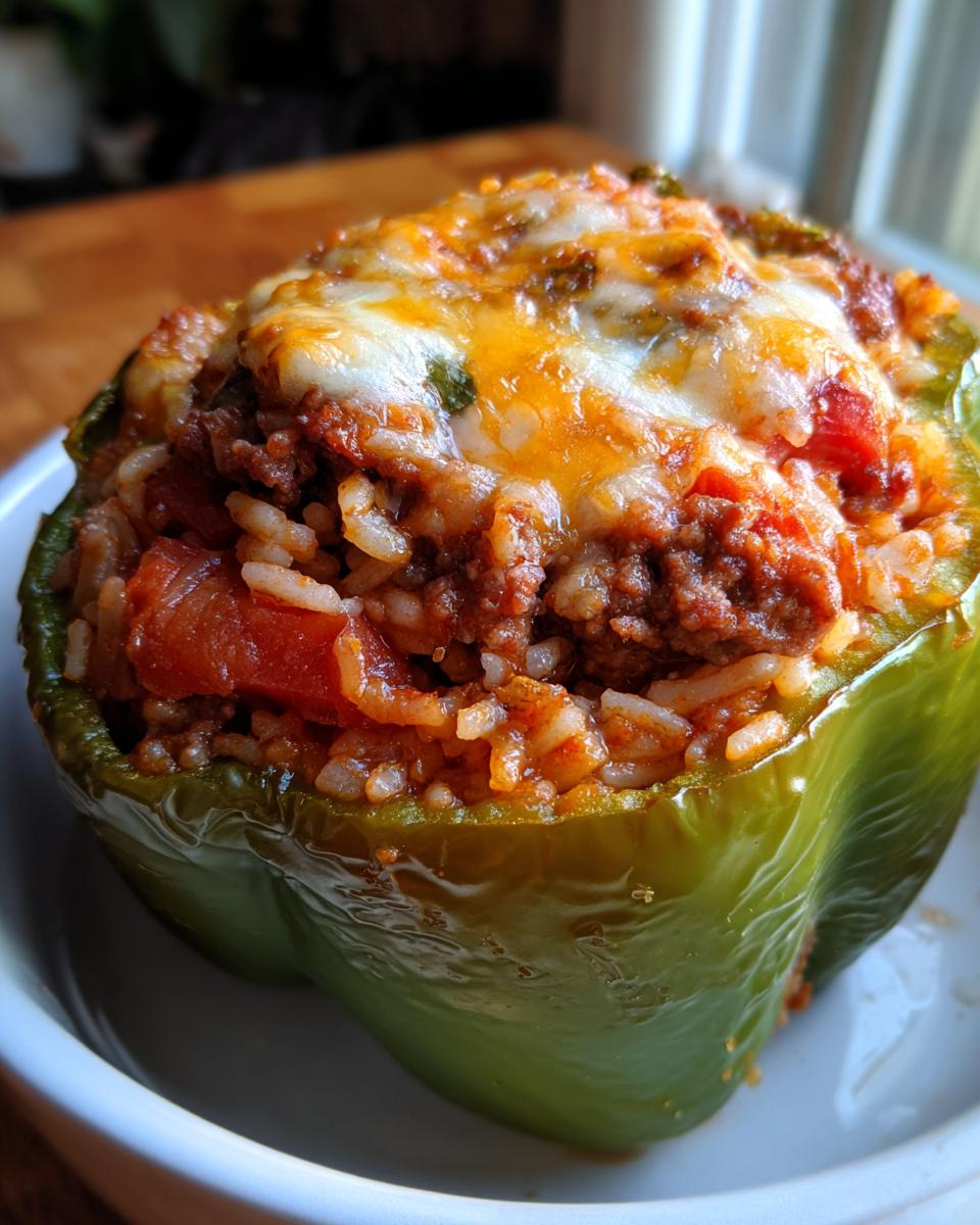 A close-up of a green bell pepper stuffed with seasoned ground beef, rice, and tomatoes, topped with melted cheese.