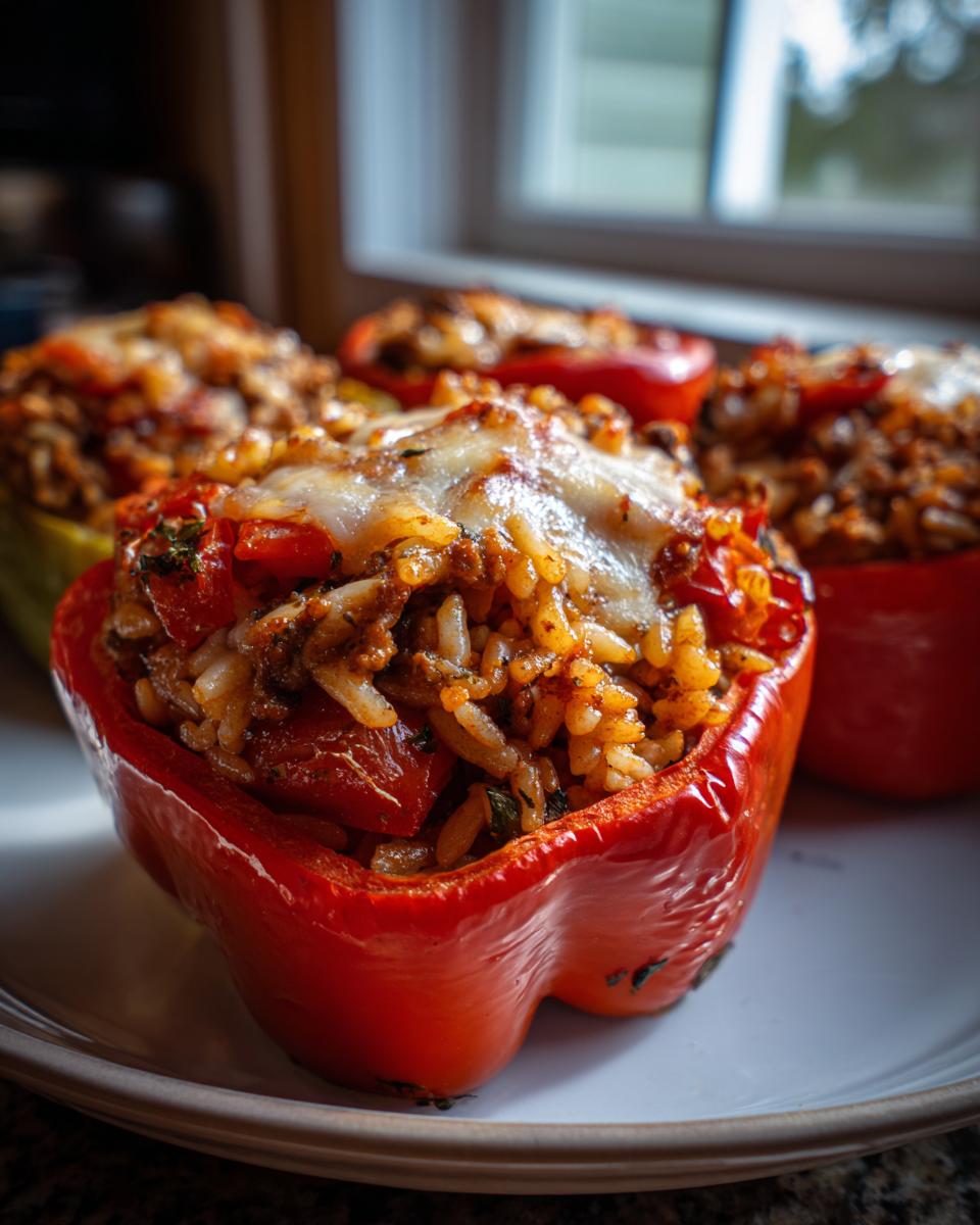 A close-up of red stuffed bell peppers filled with ground beef and rice, topped with melted cheese.