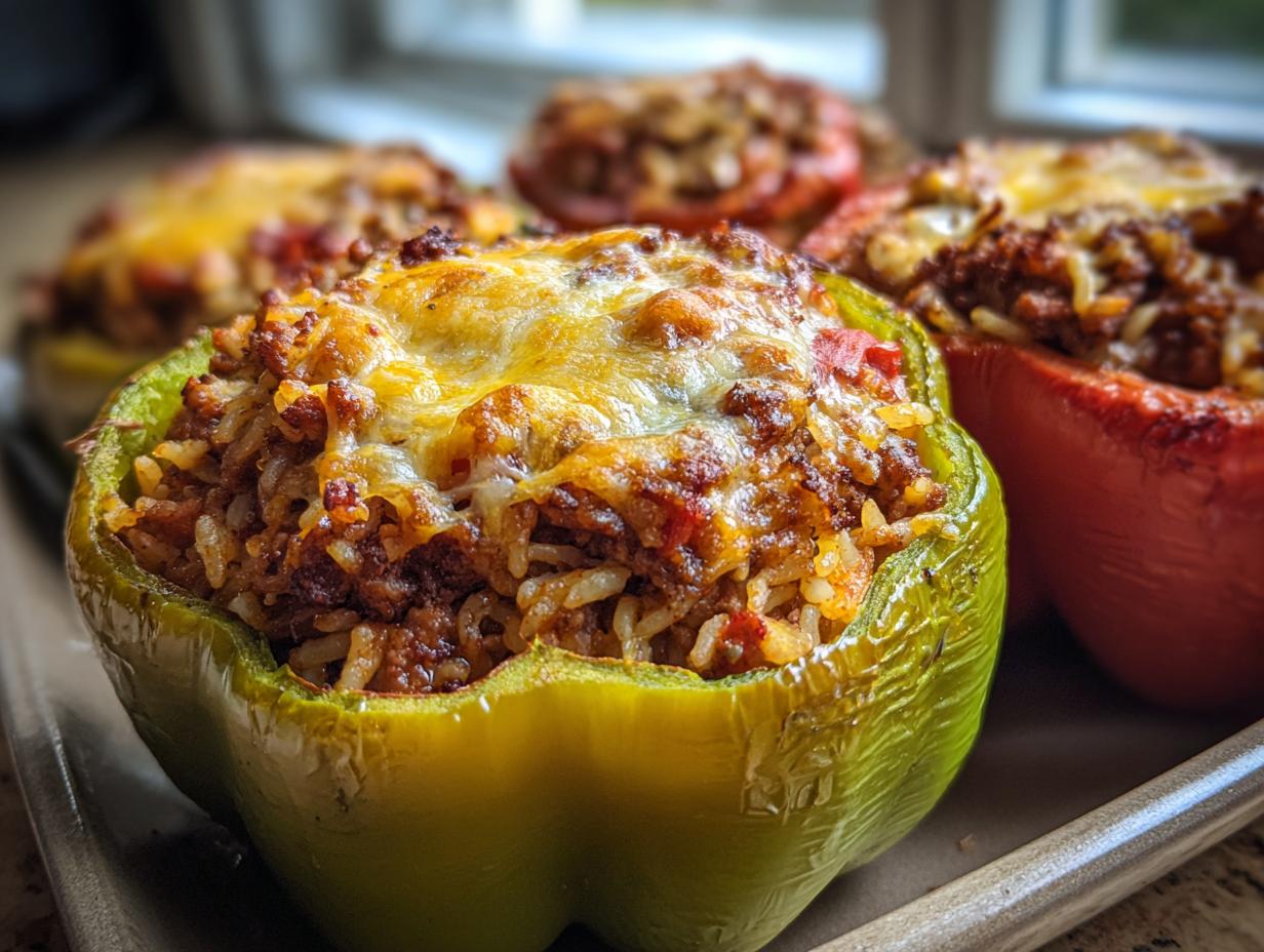Close-up of a green stuffed bell pepper filled with ground beef and rice, topped with melted cheese.