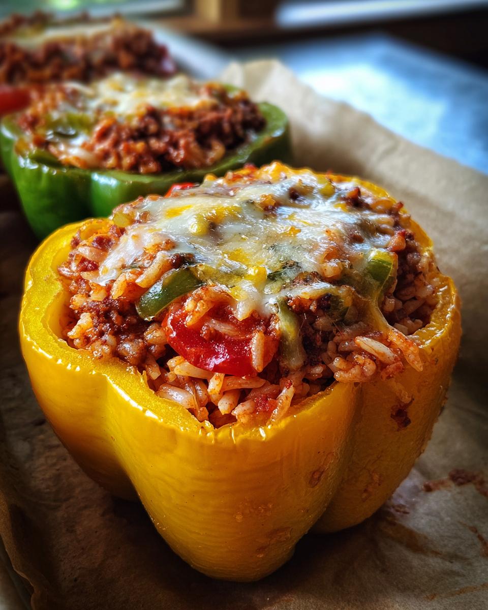 Close-up of a yellow bell pepper stuffed with ground beef, rice, and topped with melted cheese.
