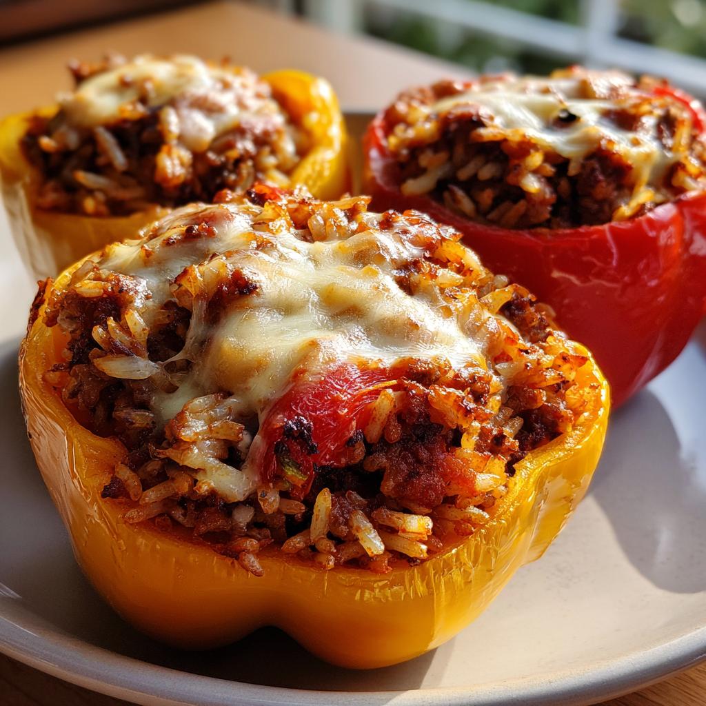 Three colorful stuffed bell peppers, yellow and red, filled with ground beef and rice, topped with melted cheese.