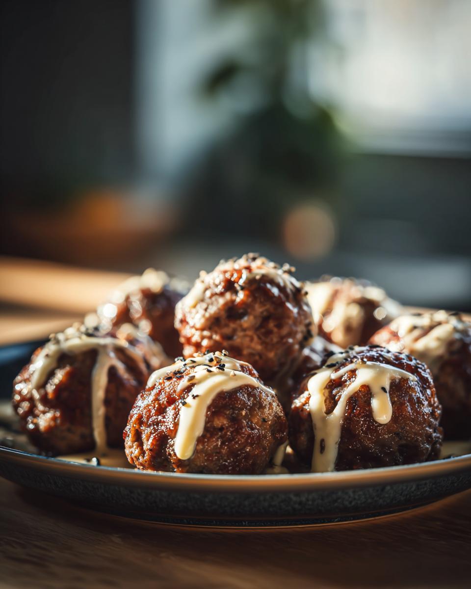 Close-up of a plate of delicious ground beef Swedish meatballs drizzled with creamy sauce and sprinkled with sesame seeds.