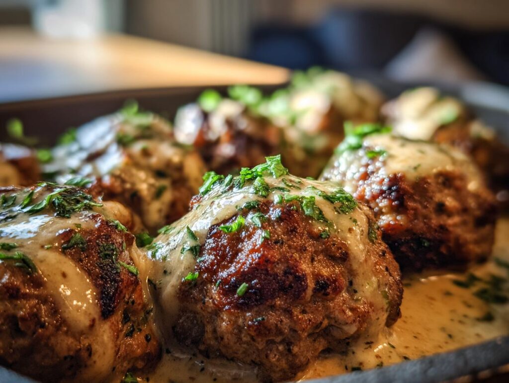Close-up of delicious ground beef Swedish meatballs covered in a creamy sauce and sprinkled with fresh parsley.