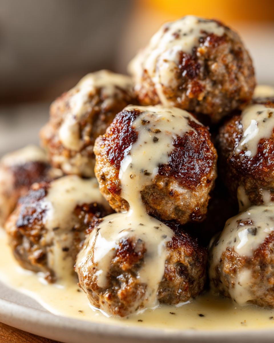 A close-up of a pile of delicious Swedish meatballs, generously drizzled with a creamy sauce.