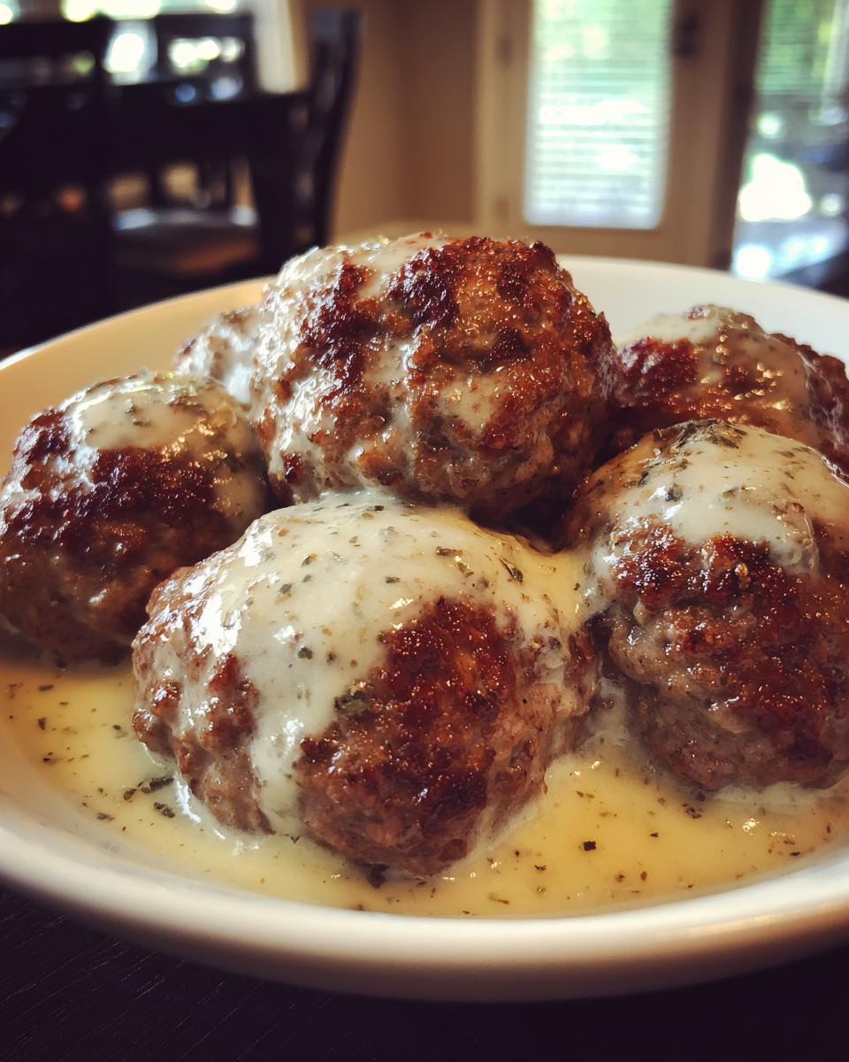 A close-up of a bowl of delicious ground beef Swedish meatballs covered in a creamy, herb-flecked sauce.