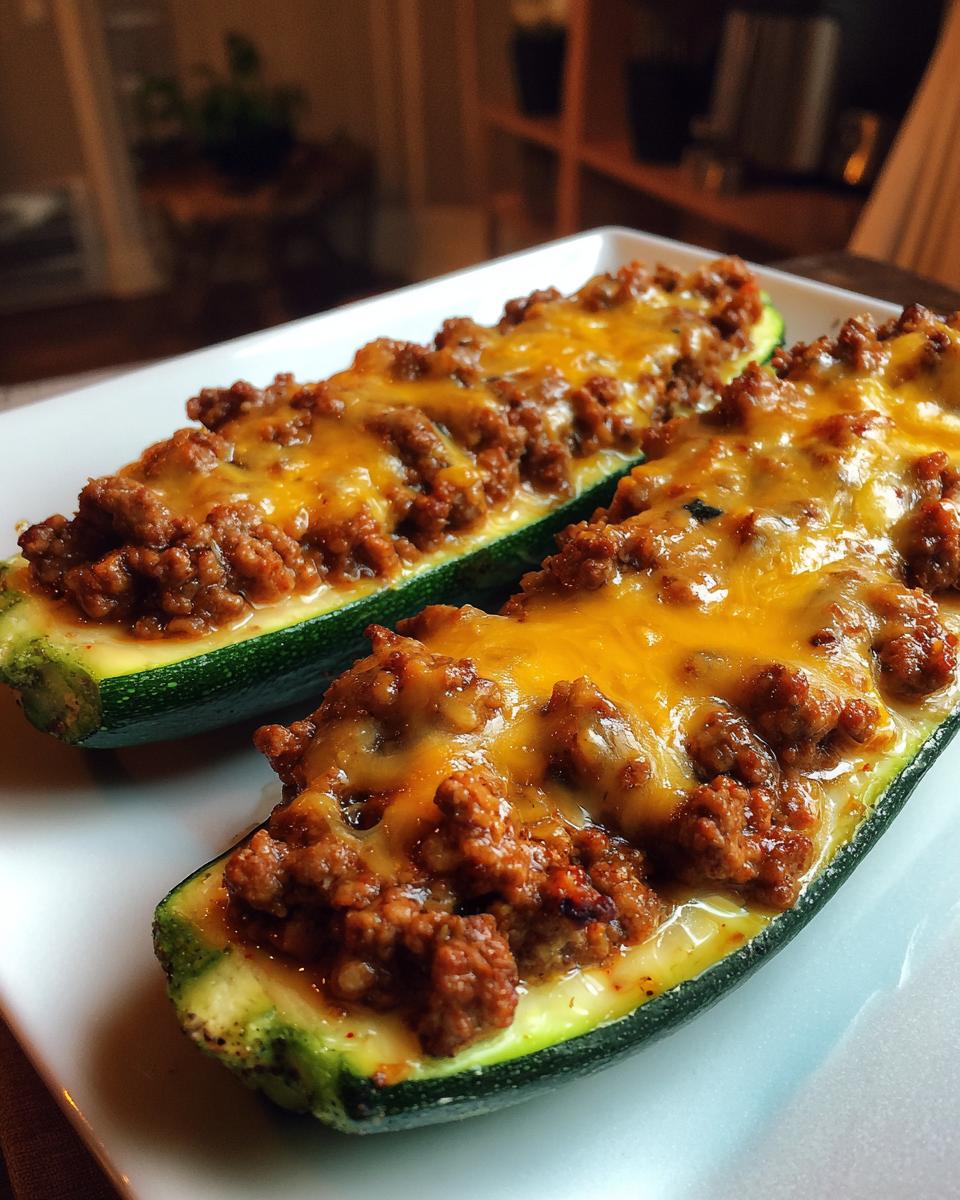 Two baked zucchini boats filled with seasoned ground beef and topped with melted cheese.