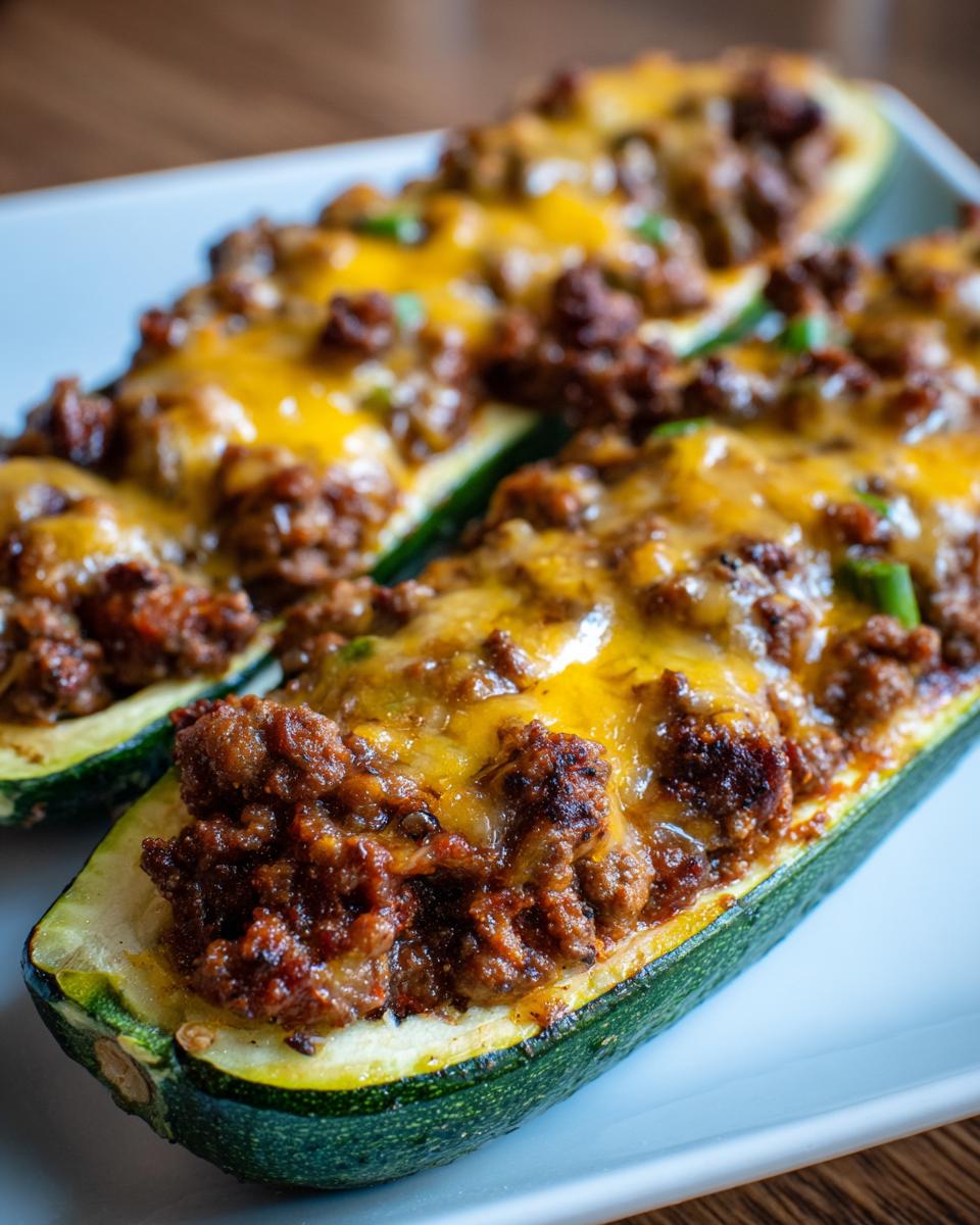 Close-up of baked zucchini boats filled with seasoned ground beef and topped with melted cheddar cheese.