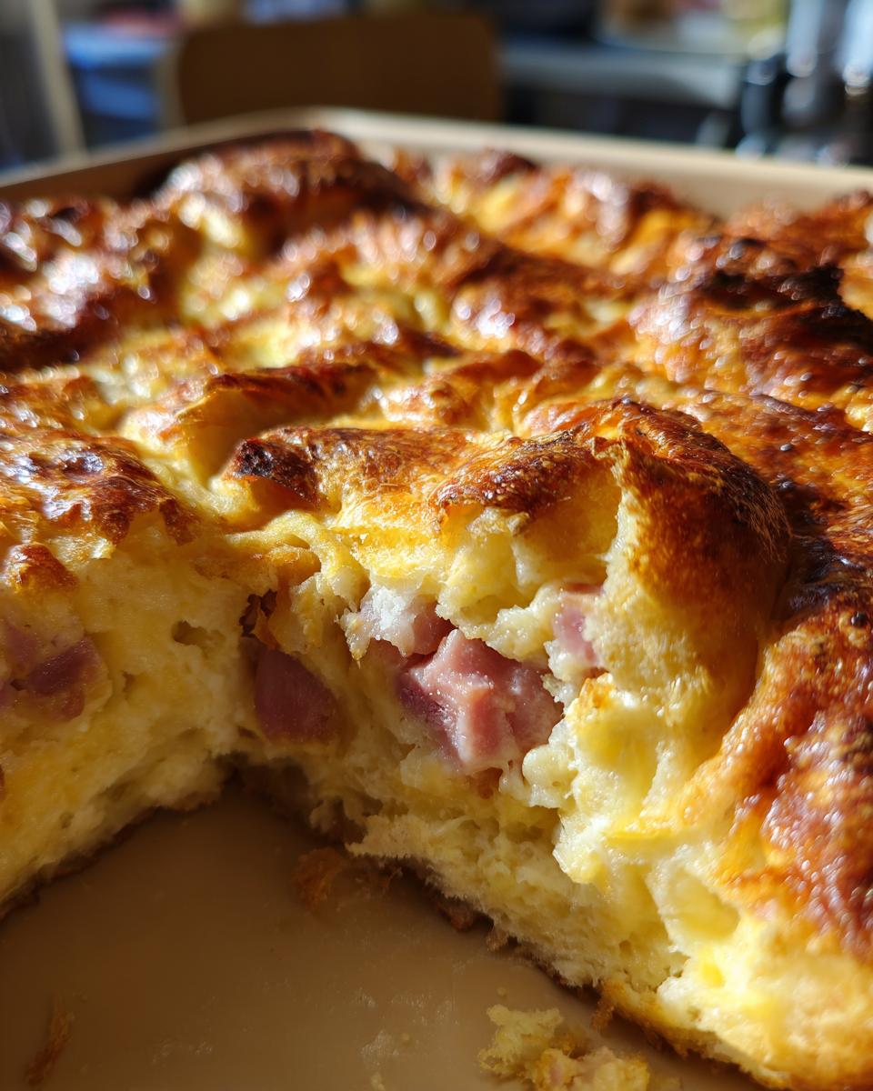 Close-up of a golden-brown baked ham and cheese croissant casserole, showing chunks of ham within the fluffy pastry.