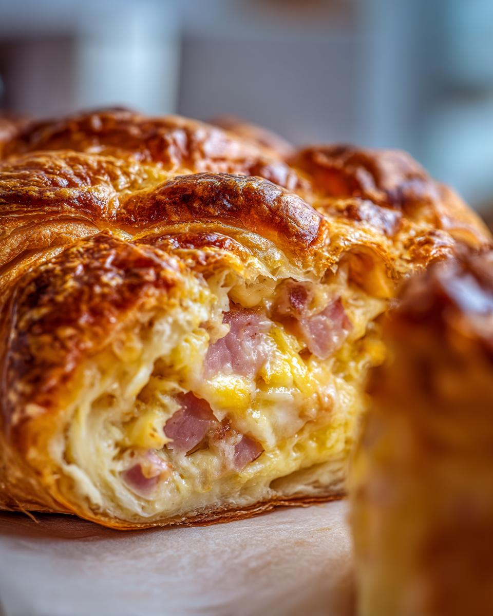 Close-up of a slice of ham and cheese croissant casserole, showing flaky pastry filled with ham, cheese, and eggs.