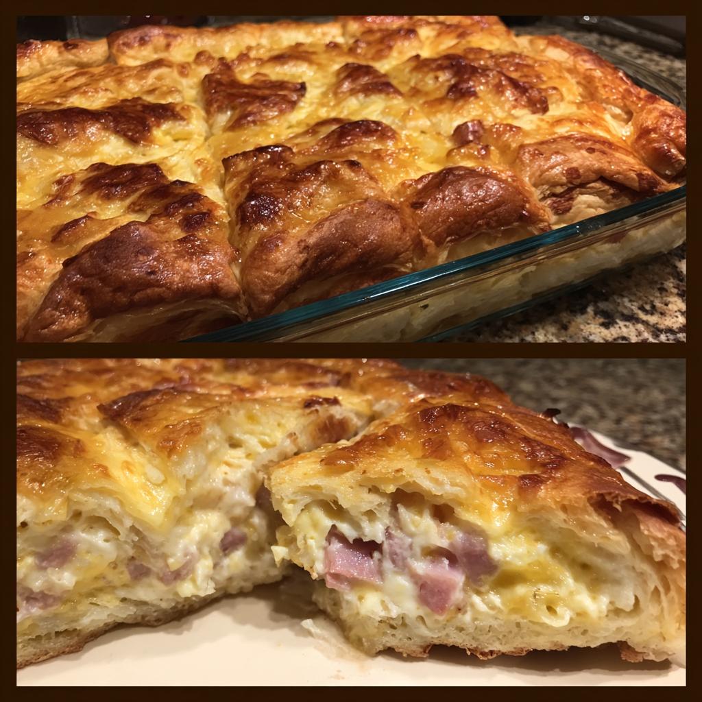 A slice of golden-brown baked ham and cheese croissant casserole, showing flaky pastry and a creamy filling with ham.