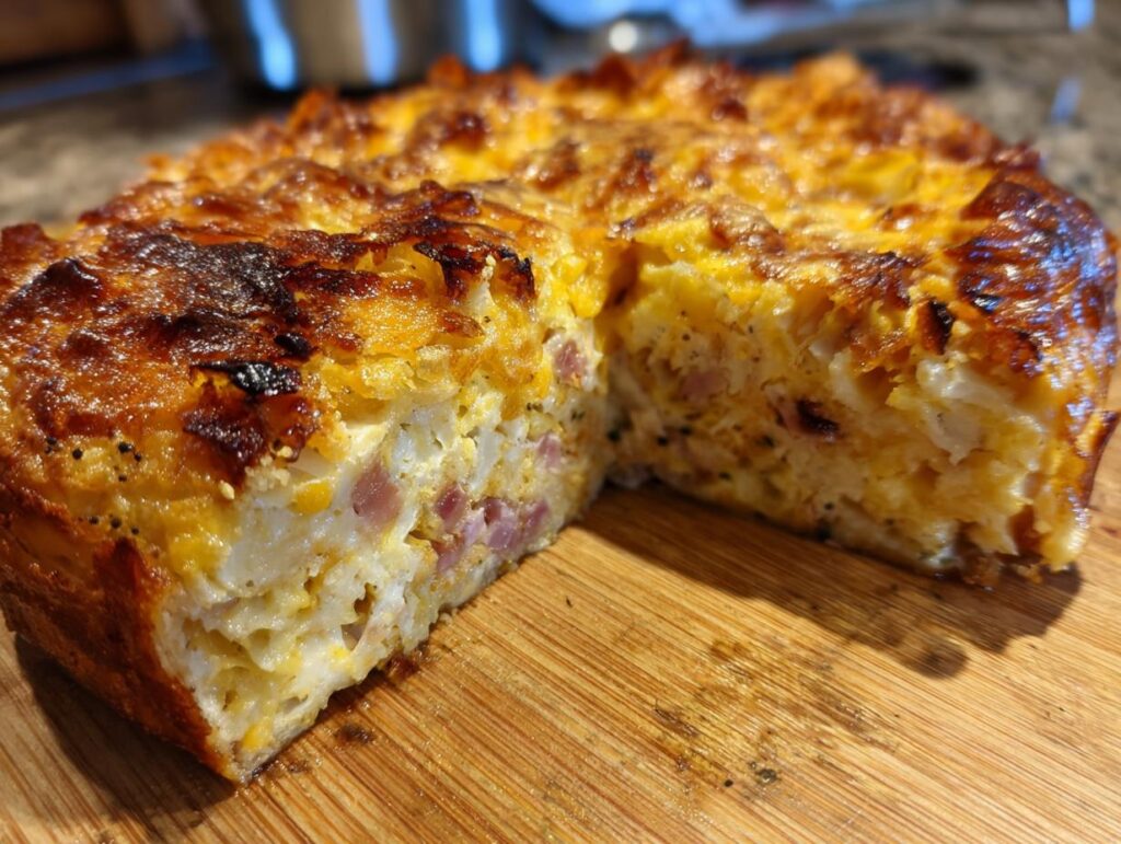 A golden-brown slice of ham and cheese croissant casserole, showcasing layers of croissant, ham, and melted cheese.