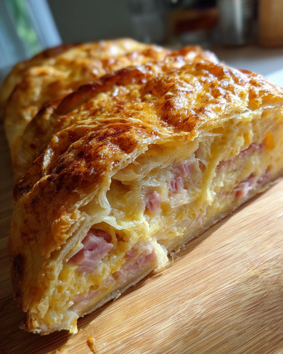 A close-up of a slice of ham and cheese croissant casserole, showing flaky pastry and a savory filling.