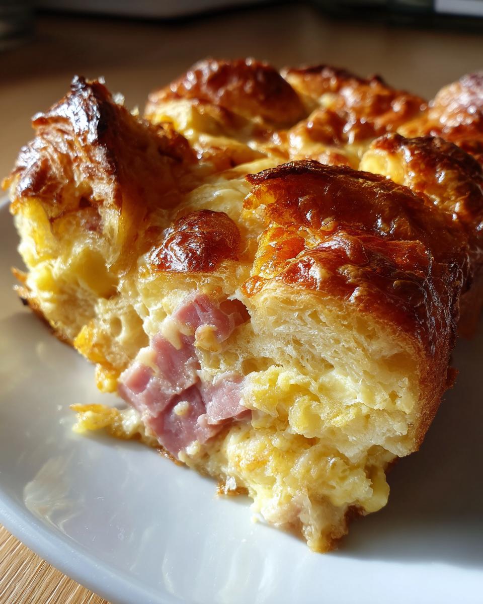 A close-up of a slice of ham and cheese croissant casserole, showing flaky pastry, chunks of ham, and melted cheese.