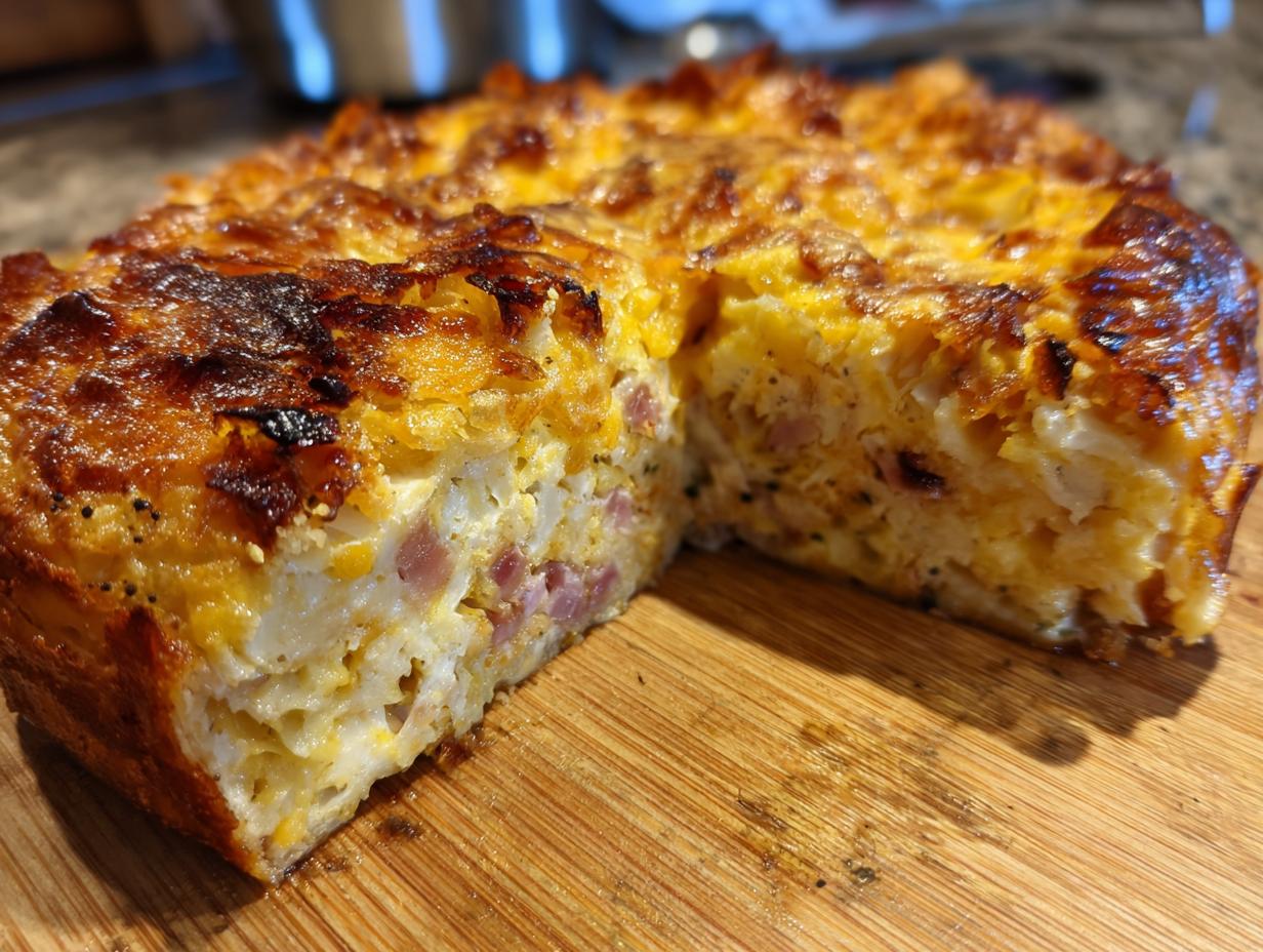 A golden-brown slice of ham and cheese croissant casserole, showcasing layers of croissant, ham, and melted cheese.