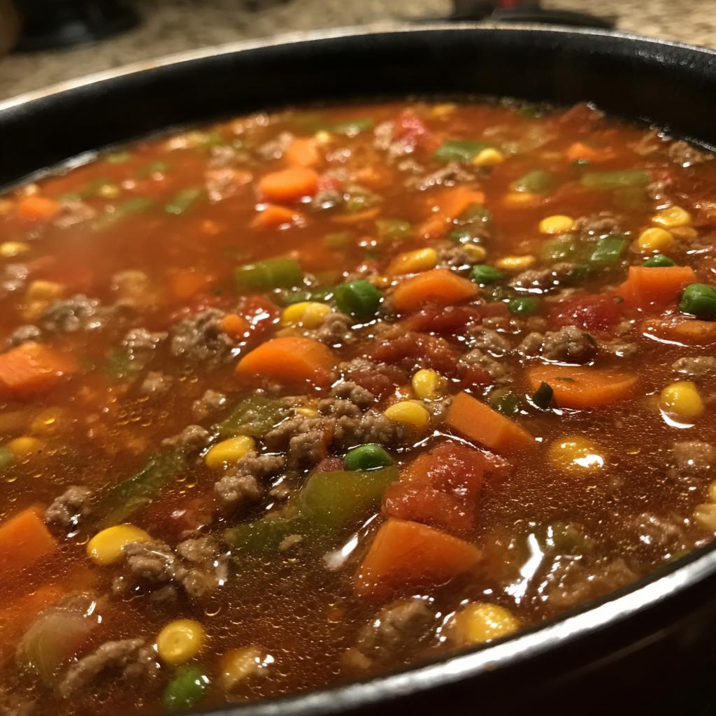 Close-up of a steaming pot of hamburger soup, filled with ground beef, carrots, peas, corn, and tomatoes.