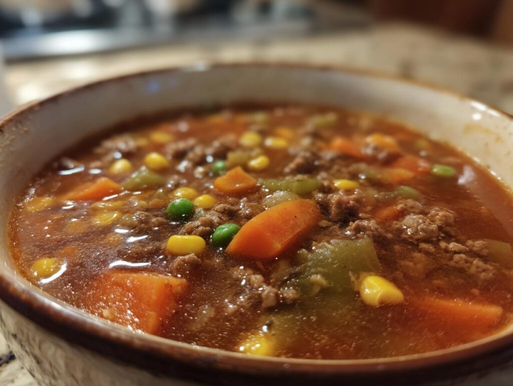Close-up of a bowl of hearty hamburger soup, filled with ground beef, carrots, peas, corn, and celery.