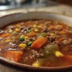 Close-up of a bowl of hearty hamburger soup, filled with ground beef, carrots, peas, corn, and celery.
