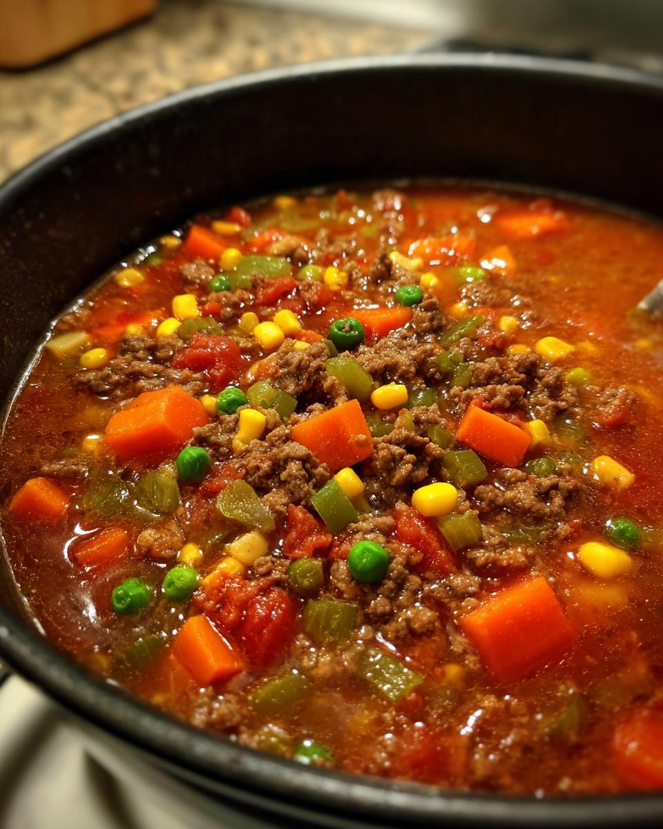 Close-up of a pot of hearty hamburger soup, featuring ground beef, carrots, peas, corn, and tomatoes.