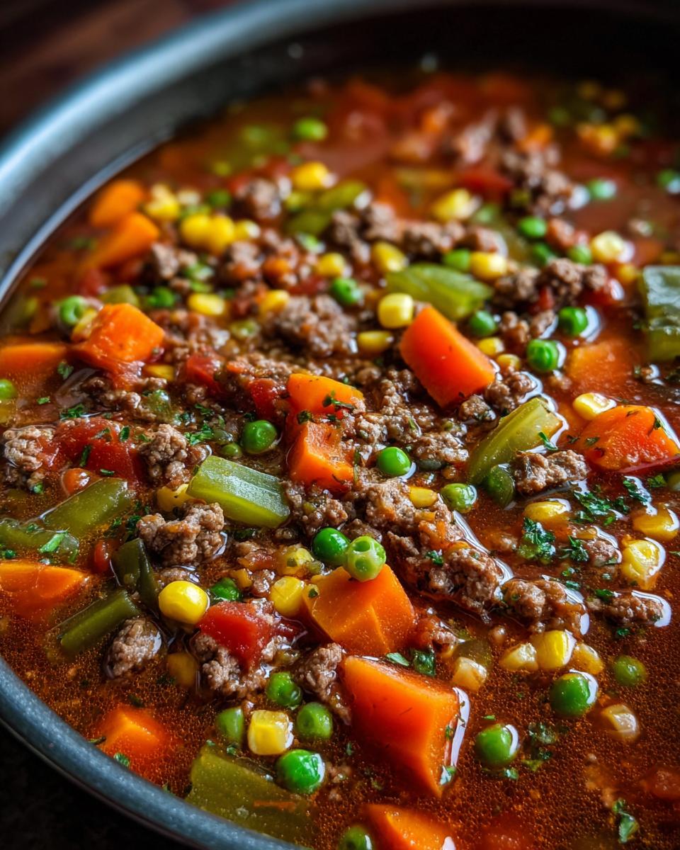 Close-up of a steaming bowl of hamburger soup with ground beef, carrots, peas, corn, and celery.