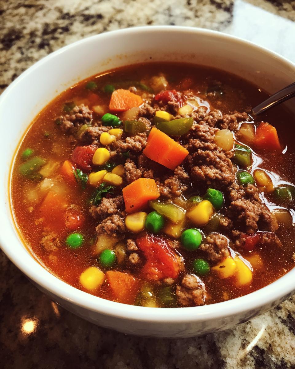 A close-up of a bowl of hearty hamburger soup, packed with ground beef, carrots, peas, corn, and tomatoes.