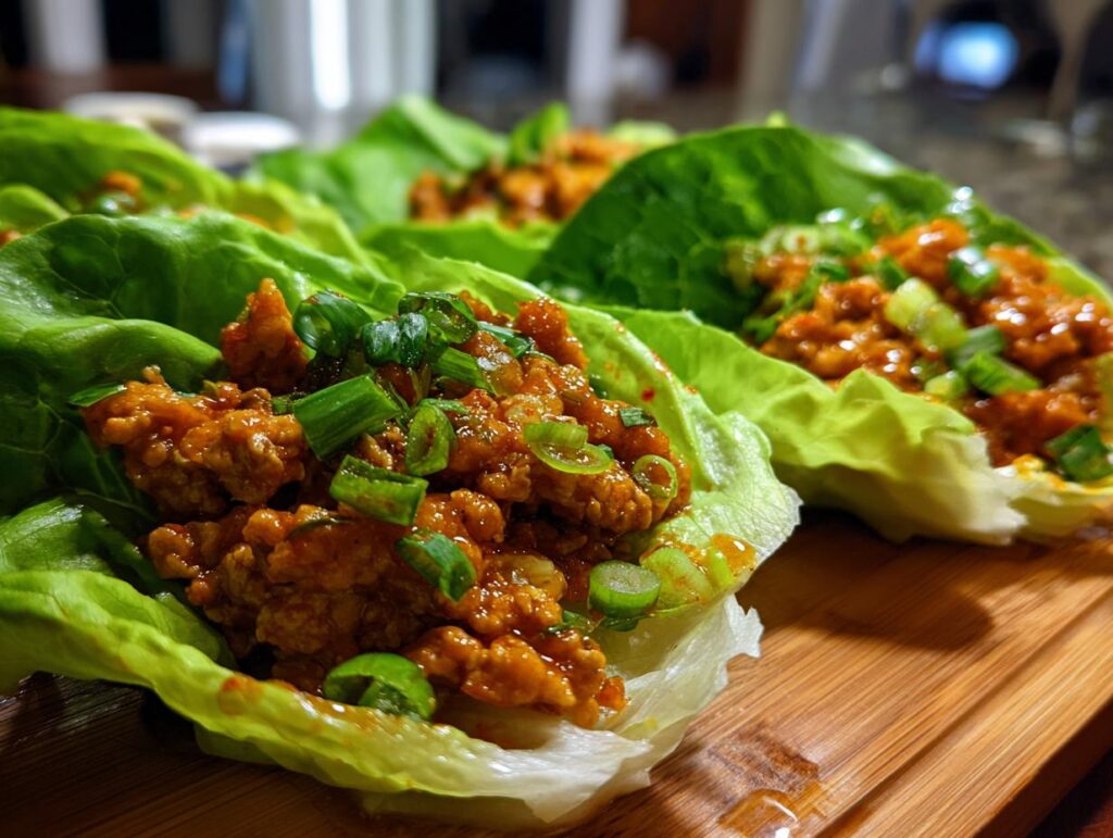 Close-up of healthy chicken lettuce wraps filled with seasoned ground chicken and topped with green onions.