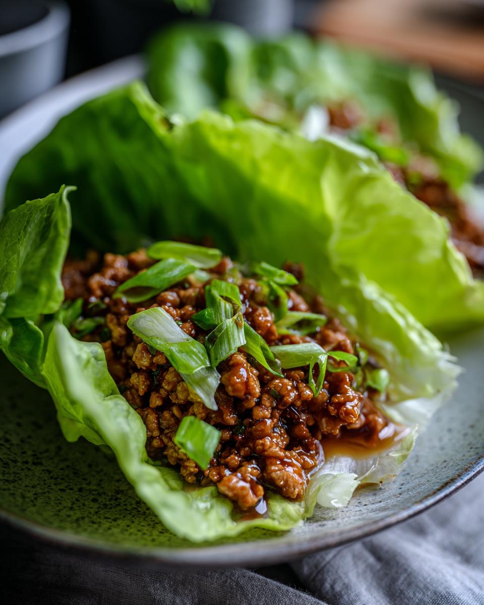 Close-up of fresh chicken lettuce wraps, a healthy lunch idea, filled with seasoned ground chicken and topped with green onions.