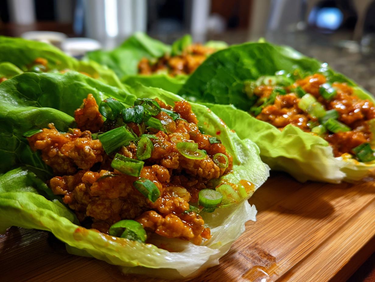 Close-up of healthy chicken lettuce wraps filled with seasoned ground chicken and topped with green onions.