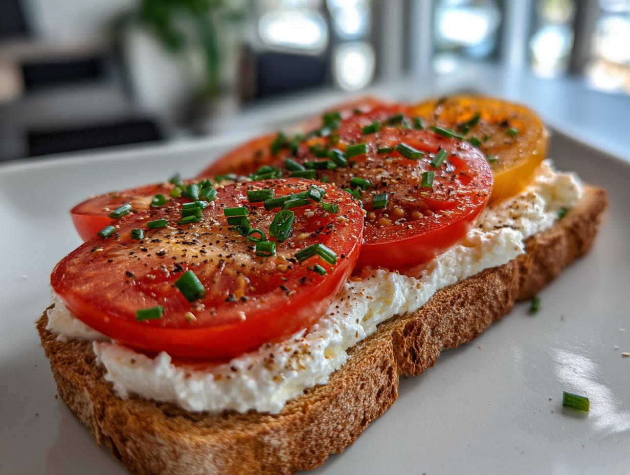 Close-up of healthy cottage cheese toast topped with sliced tomatoes, chives, and pepper.