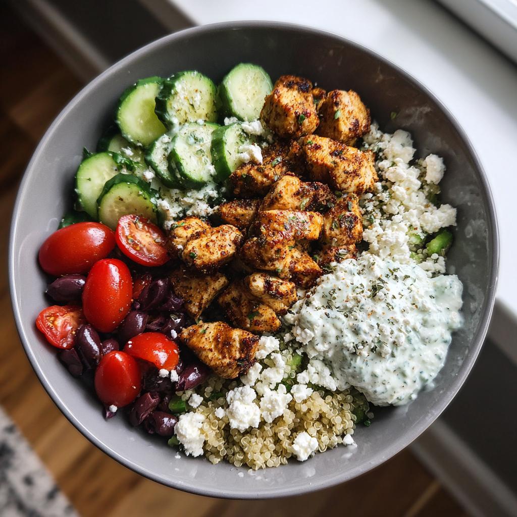 A vibrant Greek chicken bowl with quinoa, grilled chicken, cucumbers, tomatoes, olives, feta, and tzatziki sauce.