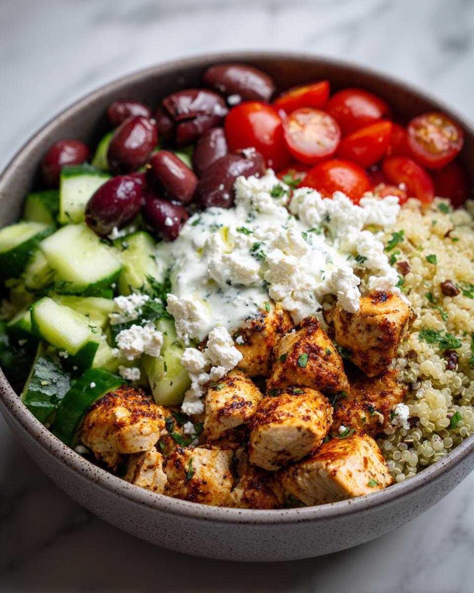 A vibrant Greek chicken bowl with quinoa, chicken breast, cucumber, tomatoes, olives, feta, and tzatziki sauce.