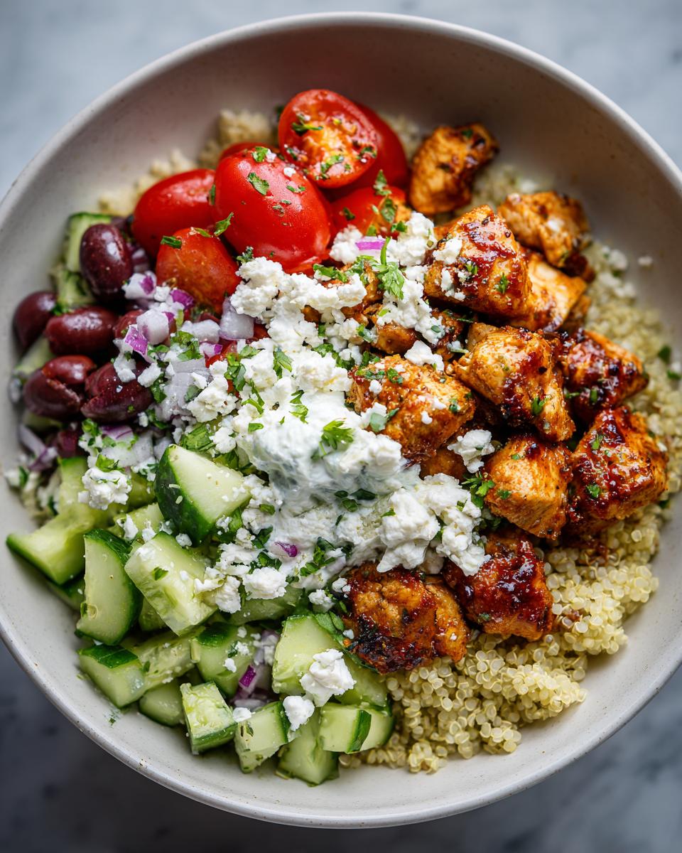 A vibrant Greek chicken bowl with quinoa, chicken, cucumber, tomatoes, olives, and feta cheese, perfect for healthy lunch ideas.