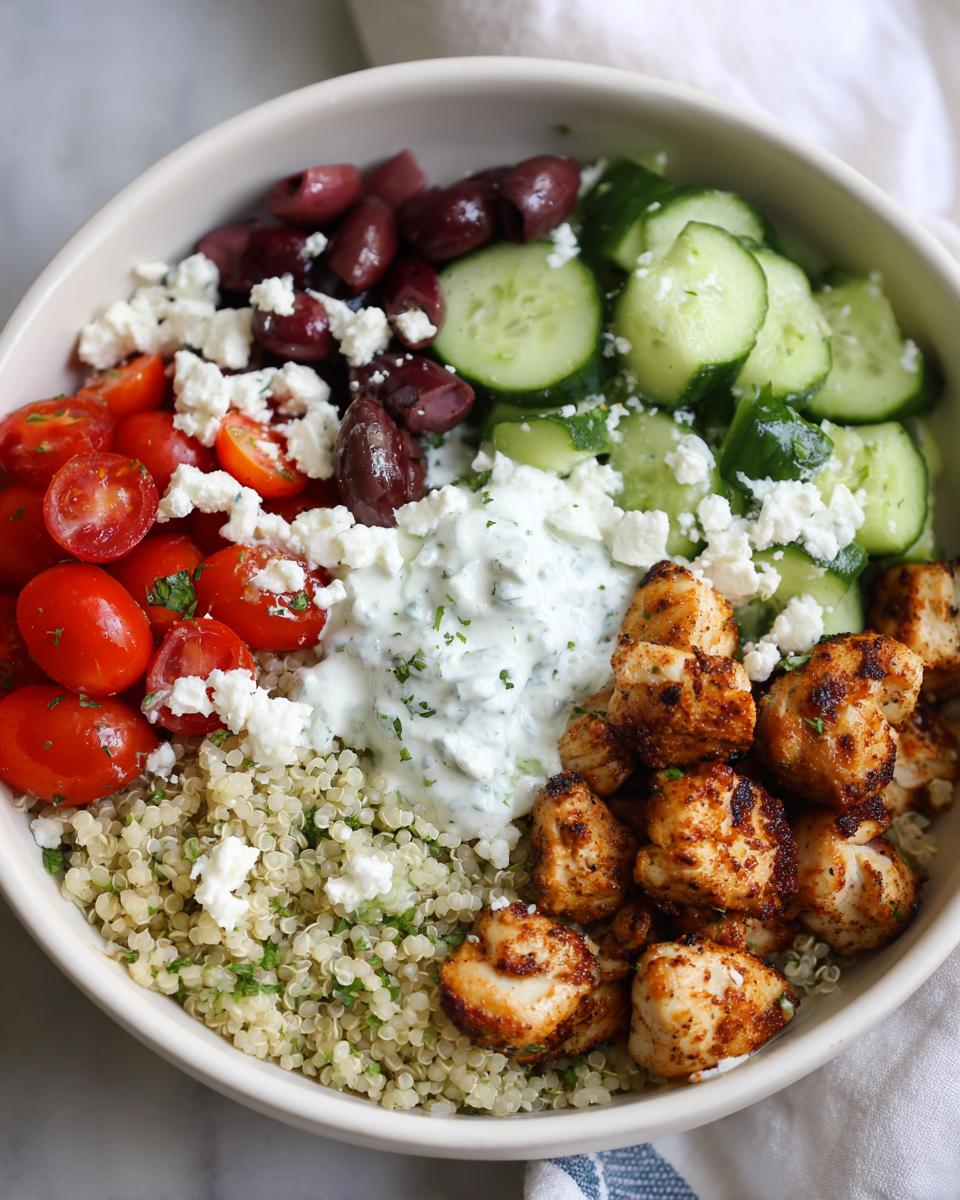 A vibrant bowl of Greek chicken, quinoa, tomatoes, cucumbers, olives, feta, and tzatziki sauce, perfect for healthy lunch ideas.