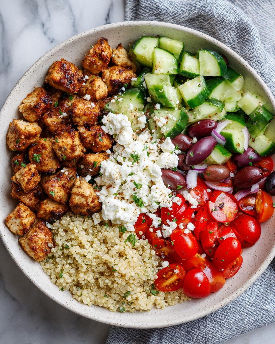 Overhead view of a healthy Greek chicken bowl with quinoa, grilled chicken, cucumber, tomatoes, olives, and feta cheese.