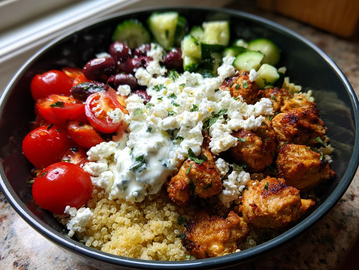 A vibrant and healthy Greek chicken bowl with quinoa, grilled chicken, tomatoes, cucumbers, olives, feta, and tzatziki sauce.