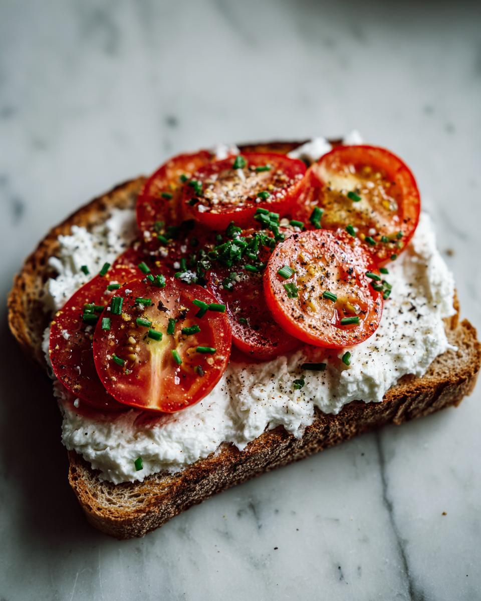 A slice of whole-grain toast topped with creamy cottage cheese, fresh tomato slices, chives, and pepper.