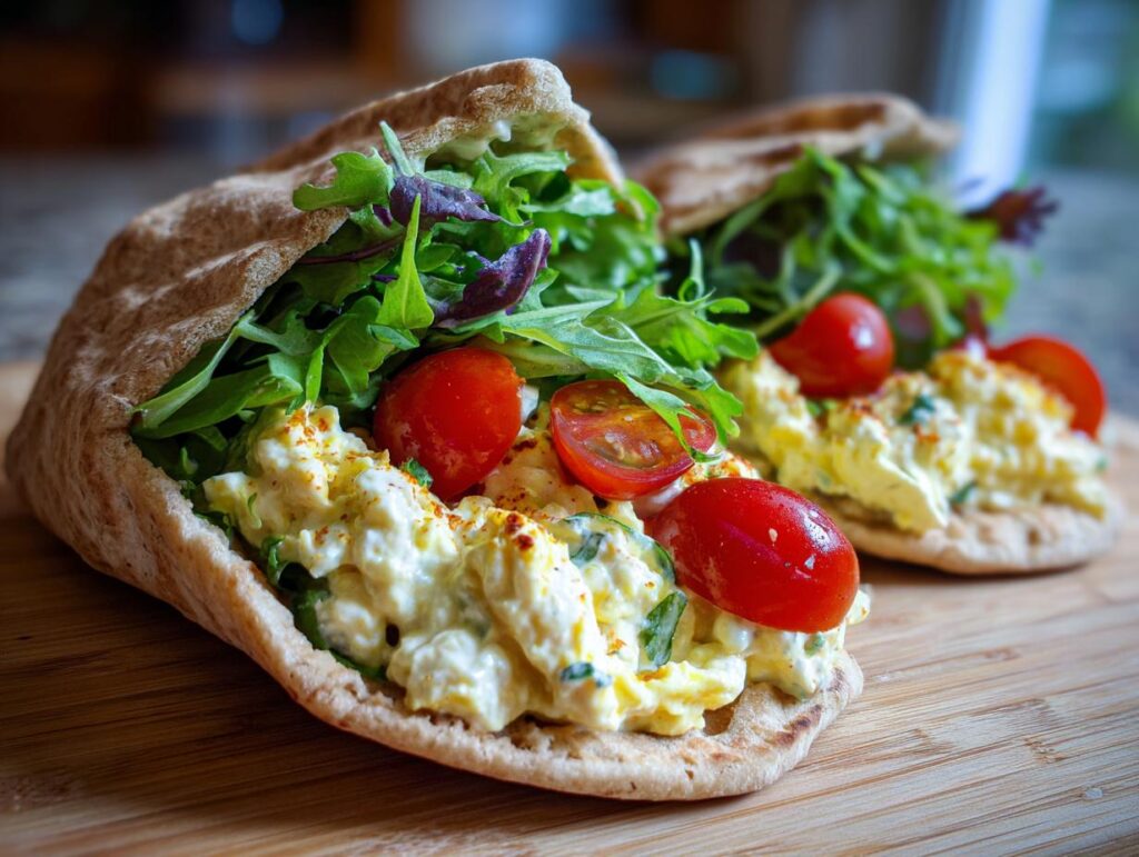 Two pitas stuffed with creamy egg salad, fresh greens, and cherry tomatoes, a perfect healthy lunch idea.