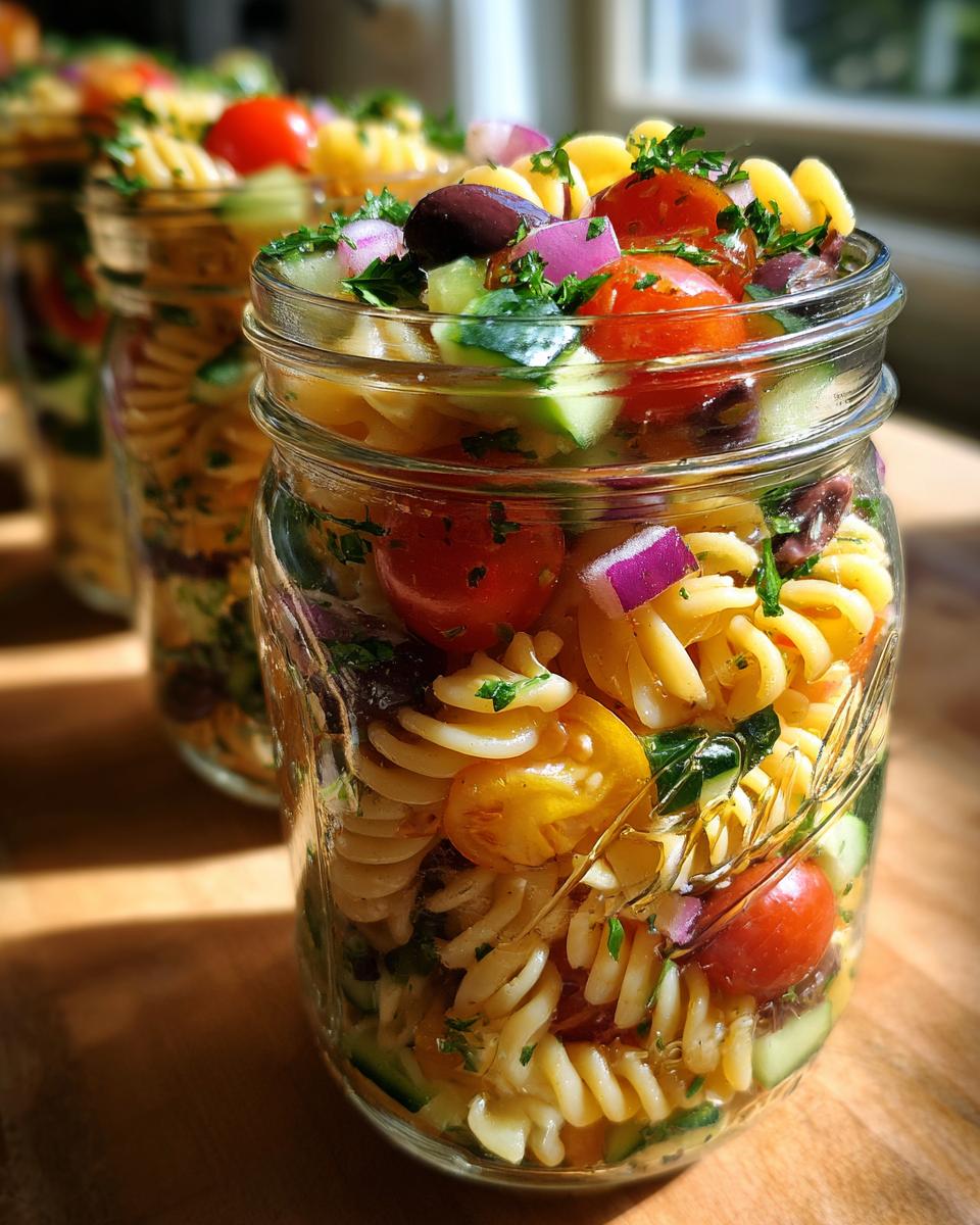 Close-up of a mason jar filled with Mediterranean pasta salad, featuring rotini pasta, cherry tomatoes, cucumber, olives, and red onion.