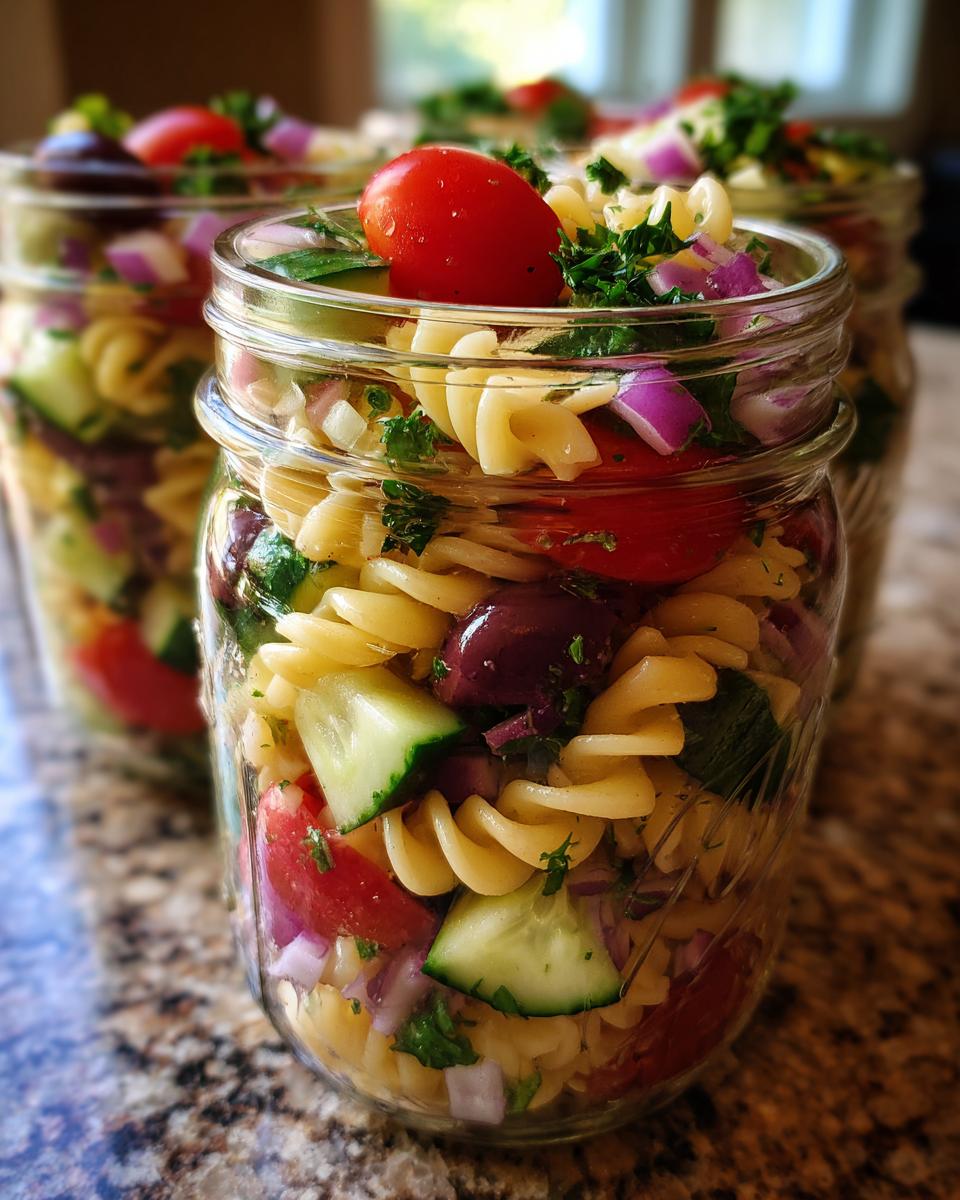Close-up of a mason jar filled with Mediterranean pasta salad, featuring rotini pasta, tomatoes, cucumbers, olives, and red onion.