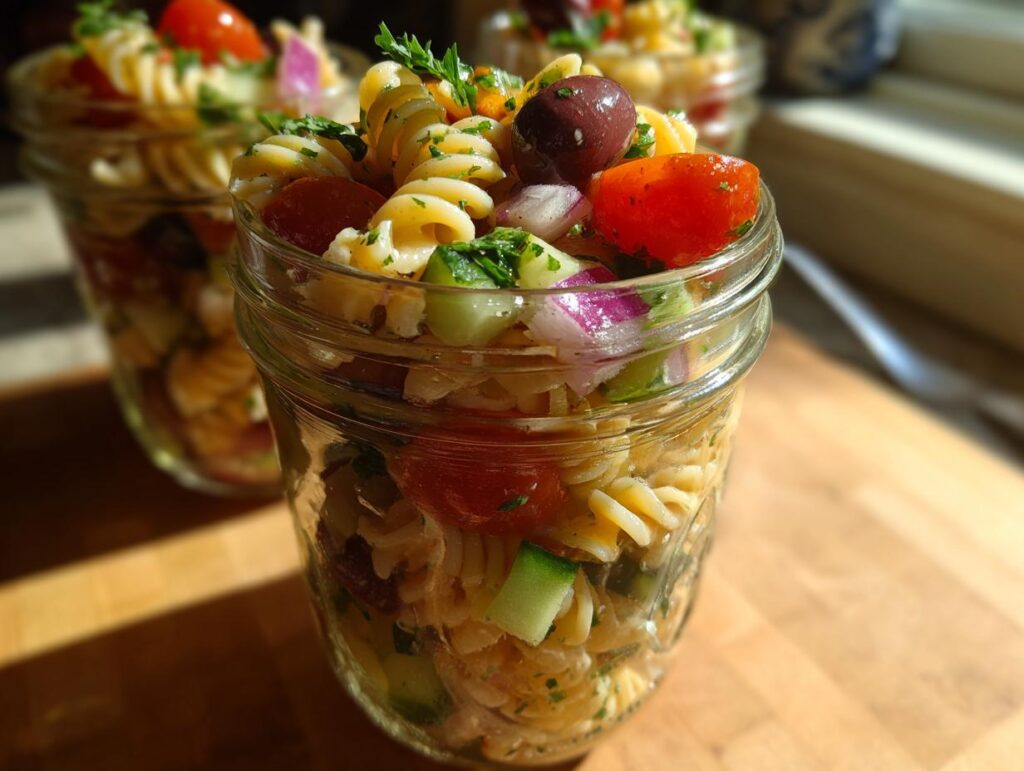 Close-up of a mason jar filled with Mediterranean pasta salad, featuring rotini pasta, cherry tomatoes, olives, cucumber, and red onion.