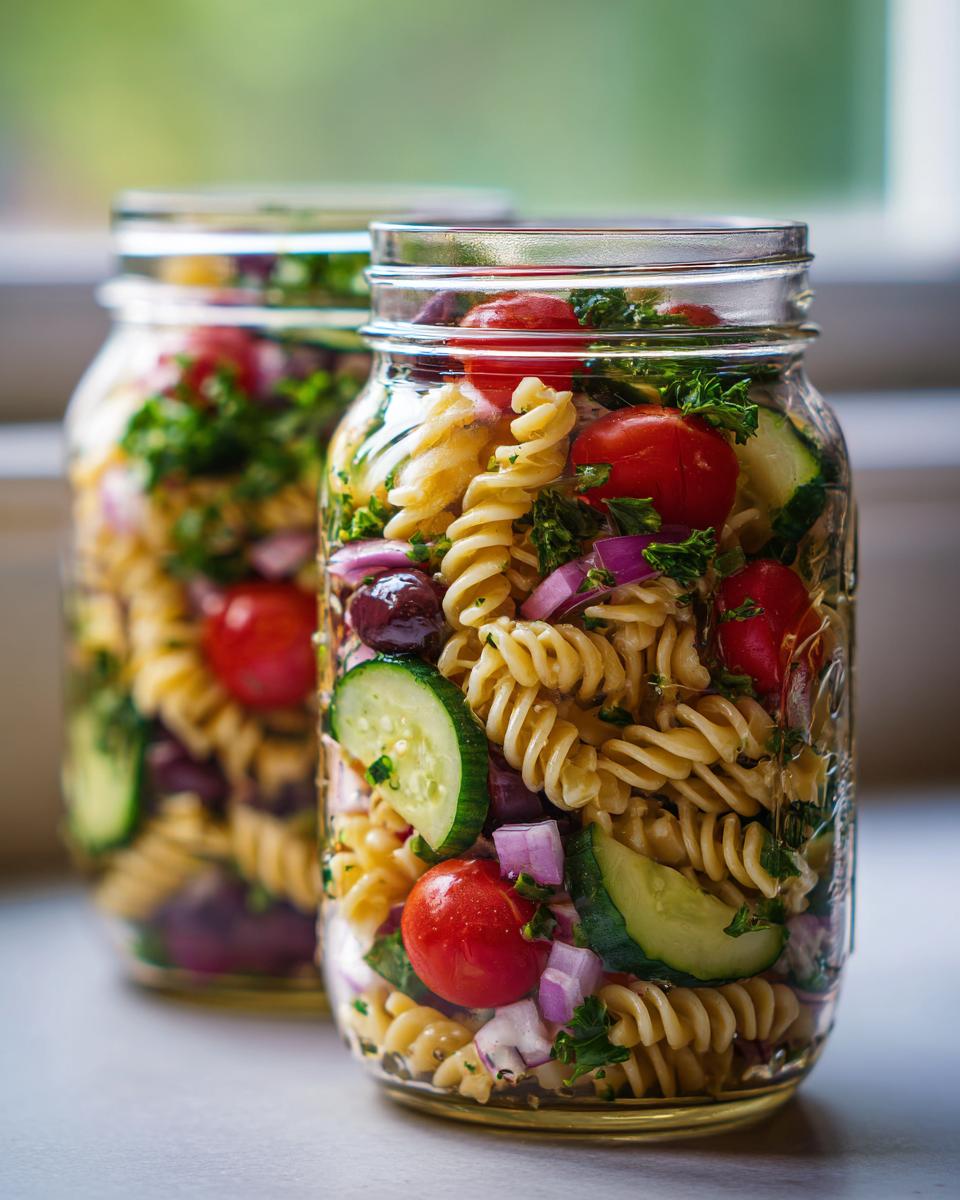 Two mason jars filled with healthy Mediterranean pasta salad, featuring fusilli pasta, cherry tomatoes, cucumber, red onion, and olives.
