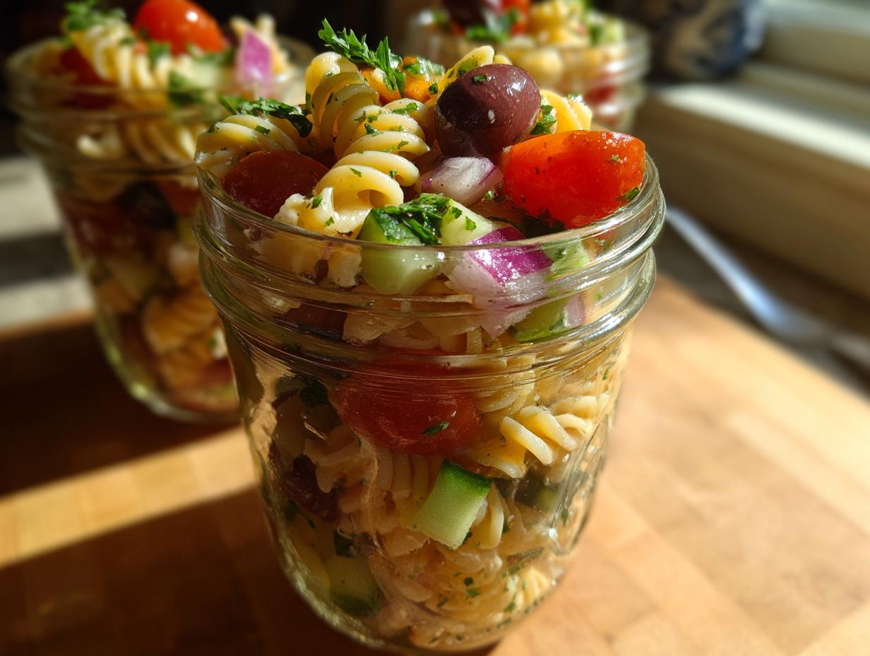 Close-up of a mason jar filled with Mediterranean pasta salad, featuring rotini pasta, cherry tomatoes, olives, cucumber, and red onion.
