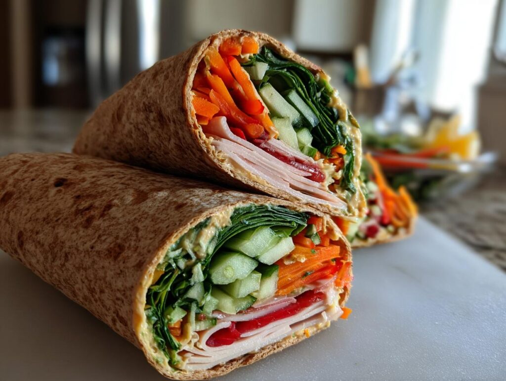 Close-up of two healthy turkey wraps filled with fresh, crunchy vegetables like carrots, cucumber, and spinach.