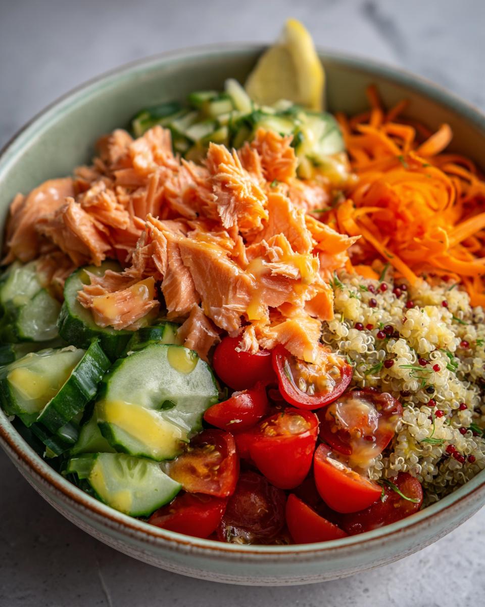 A vibrant power bowl featuring flaked salmon, quinoa, sliced cucumbers, cherry tomatoes, and shredded carrots, perfect for healthy lunch ideas.