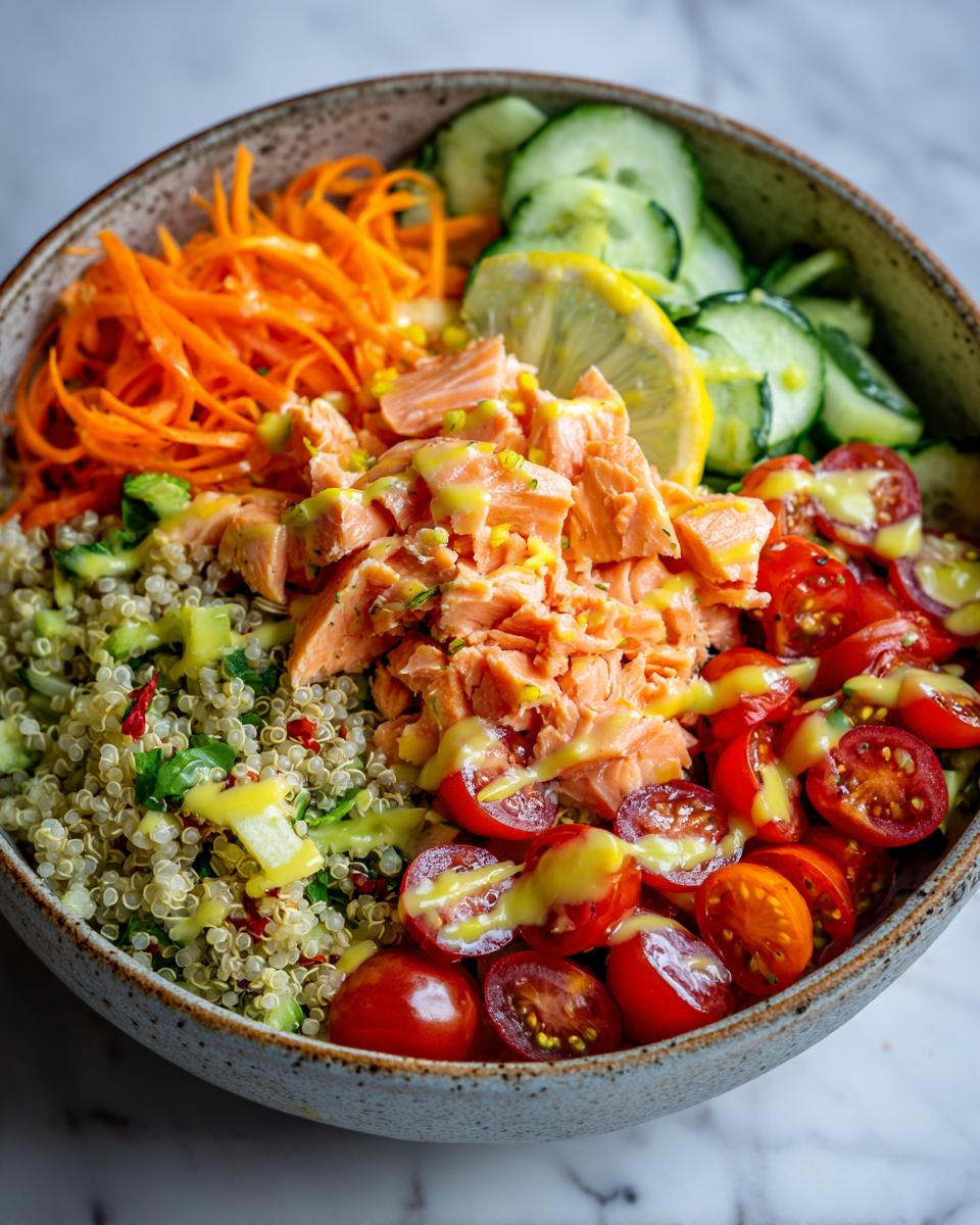 A vibrant salmon power bowl featuring flaked salmon, quinoa, shredded carrots, cherry tomatoes, and cucumber slices, drizzled with dressing.