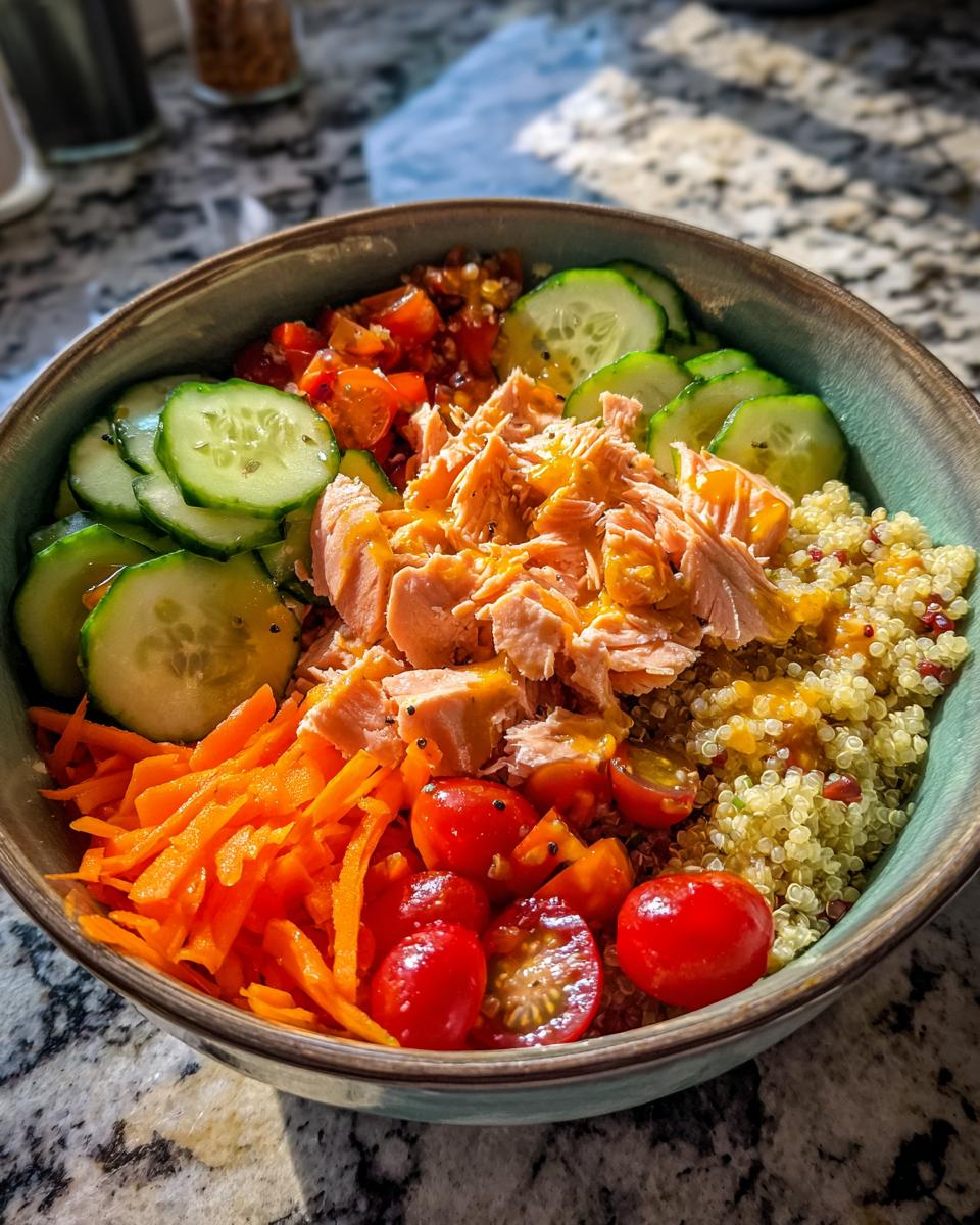 A vibrant bowl of healthy lunch ideas featuring leftover salmon, quinoa, cucumber slices, shredded carrots, and cherry tomatoes.